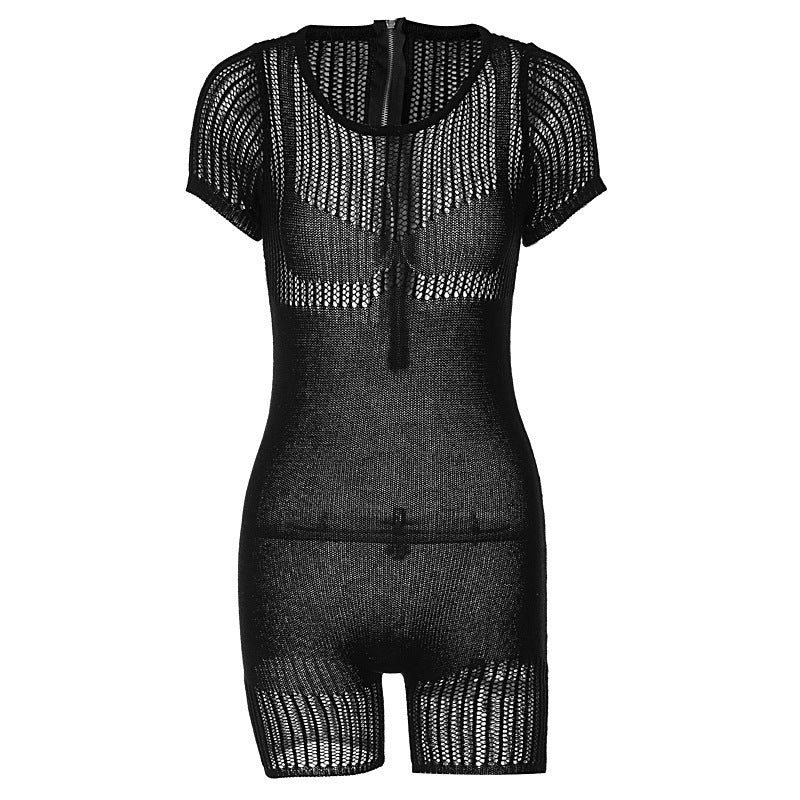 Women's Zipper Hollow-out Tight Hip Lifting Knitted Short Romper