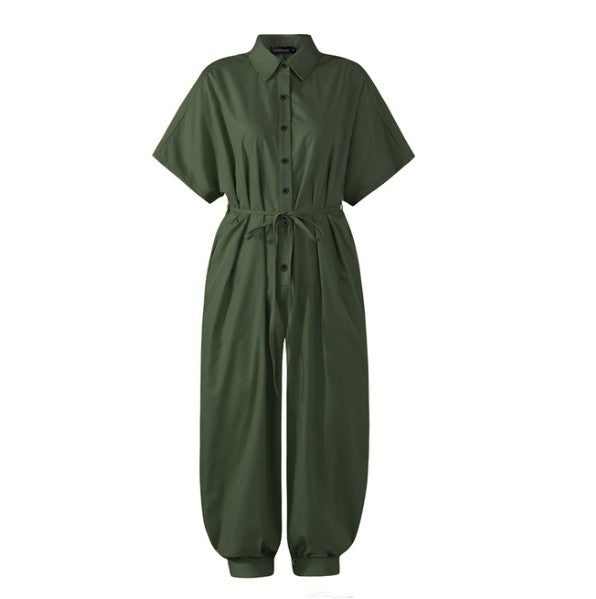 Women's Retro Short Sleeve Button Jumpsuit