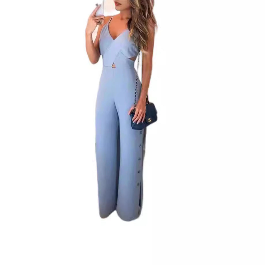 SLeeveless Hollow-out Camisole High Waist Slim Solid Color Jumpsuit