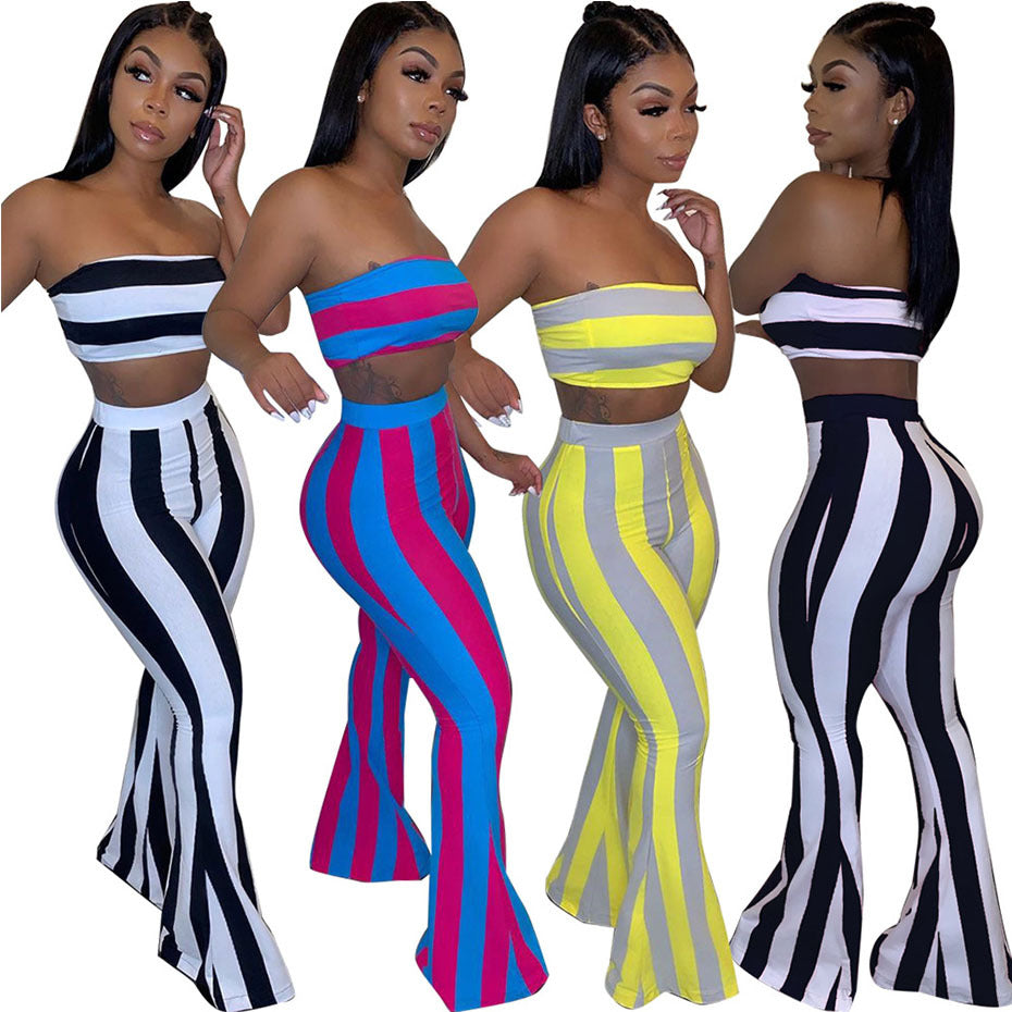 Hot African Striped Print Wrap Flare Pants