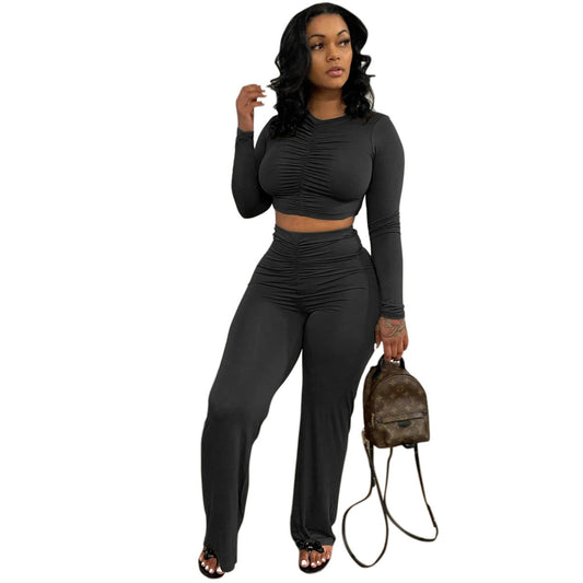 Solid Color Casual Long Sleeves Top New Sports Trousers Two-piece Set