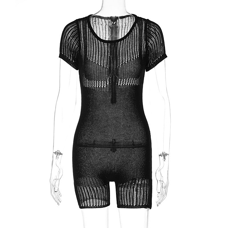 Women's Zipper Hollow-out Tight Hip Lifting Knitted Short Romper