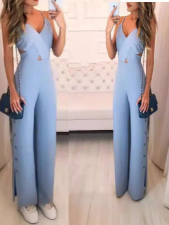 SLeeveless Hollow-out Camisole High Waist Slim Solid Color Jumpsuit