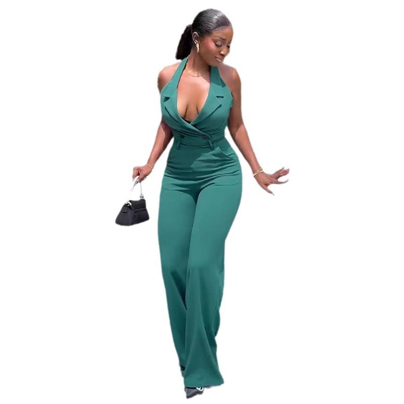 Halter Backless High Waist Pocket Casual Jumpsuit