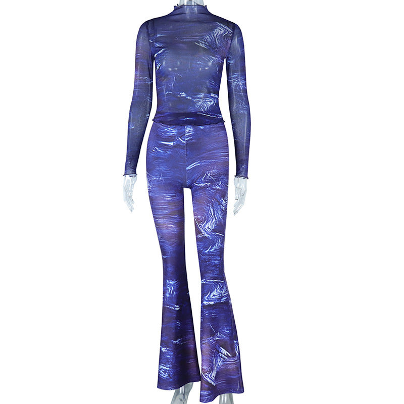 Printed Long-sleeved Top Sheer Mesh Trousers Bell-bottom Pants Suit