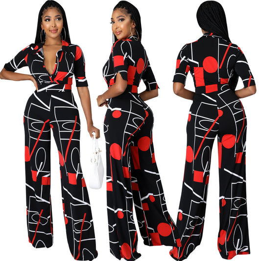 Fashion Digital Printing V-Neck Women's Jumpsuit Long