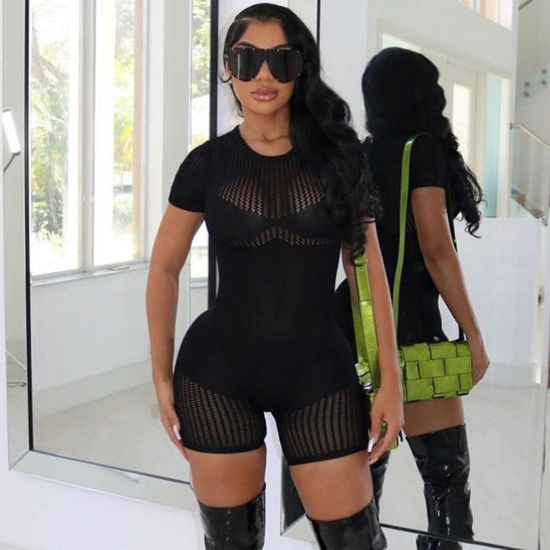 Women's Zipper Hollow-out Tight Hip Lifting Knitted Short Romper