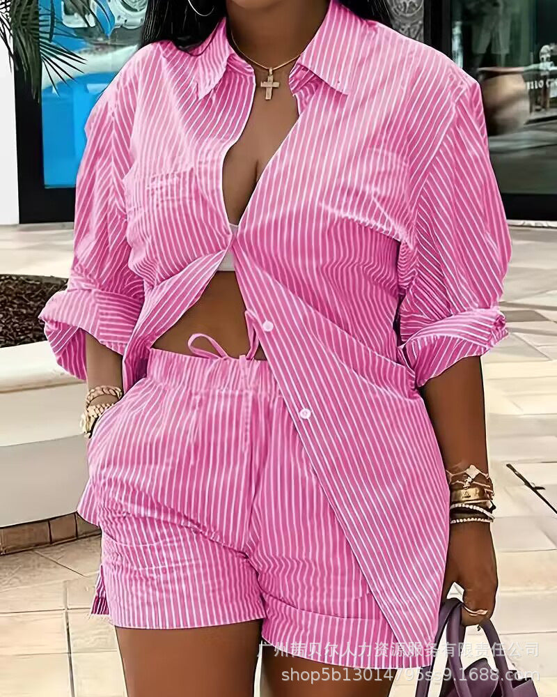 Striped Commute Leisure Top And Shorts Set