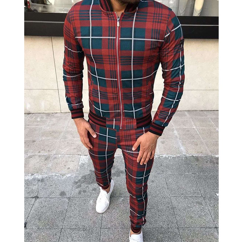 Leisure Men Grid Two-piece Patchwork Zipper Tracksuits