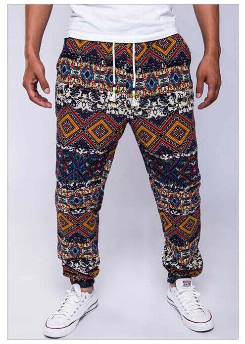 Famous ethnic style printed cotton hemp casual pants