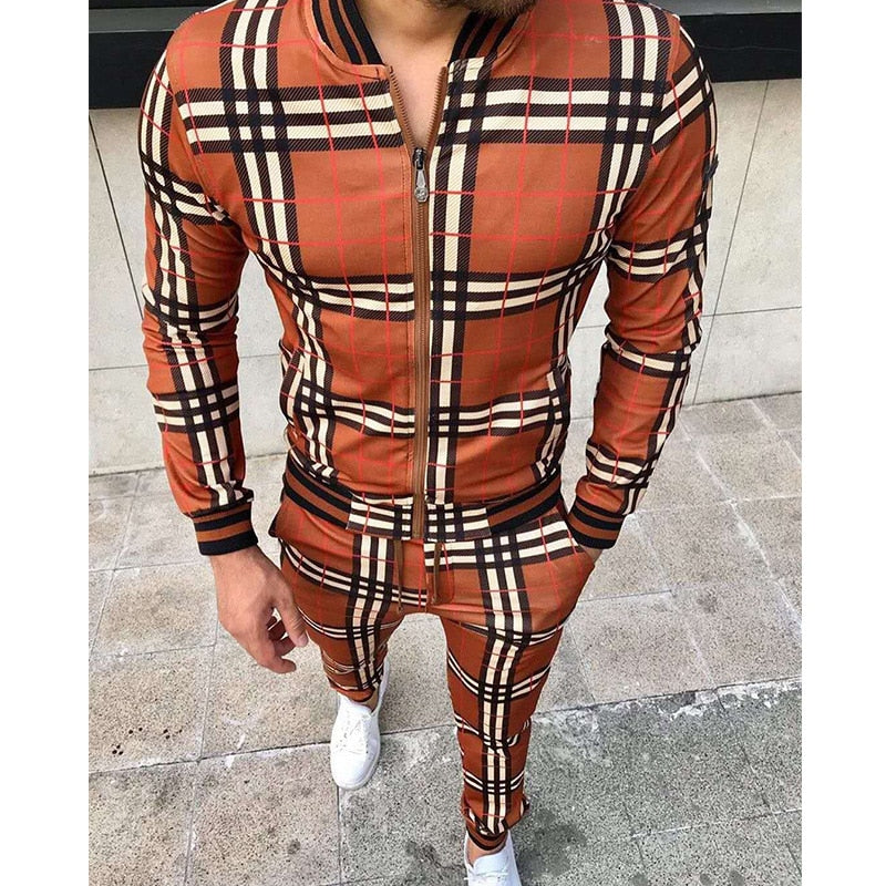 Leisure Men Grid Two-piece Patchwork Zipper Tracksuits