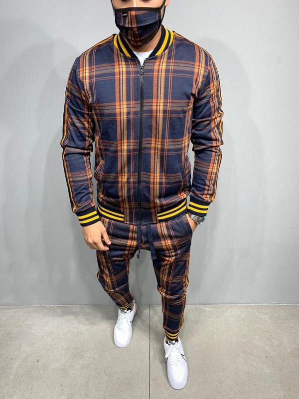 Leisure Men Grid Two-piece Patchwork Zipper Tracksuits