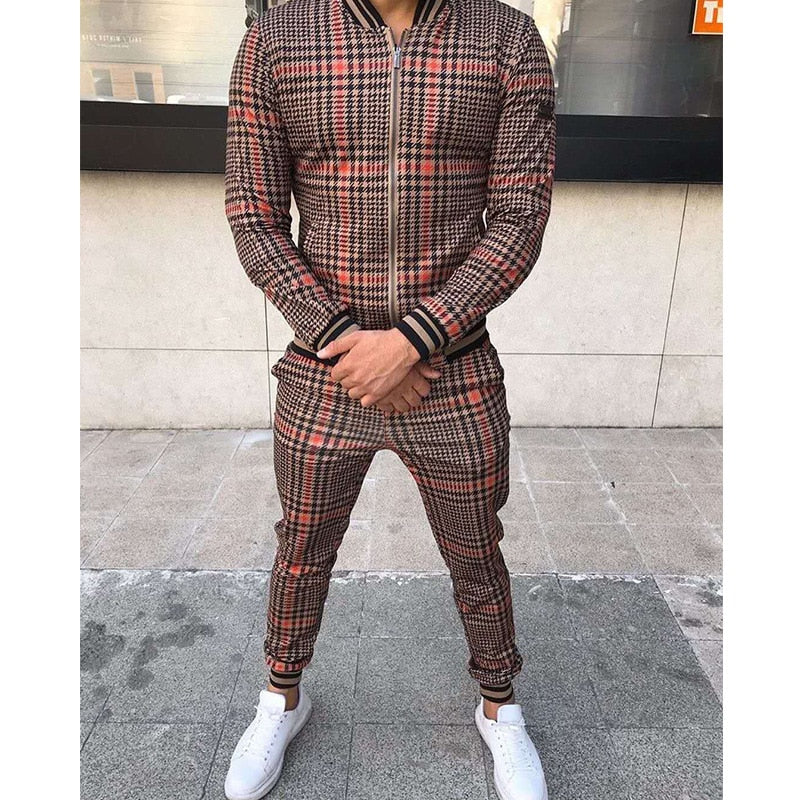 Leisure Men Grid Two-piece Patchwork Zipper Tracksuits