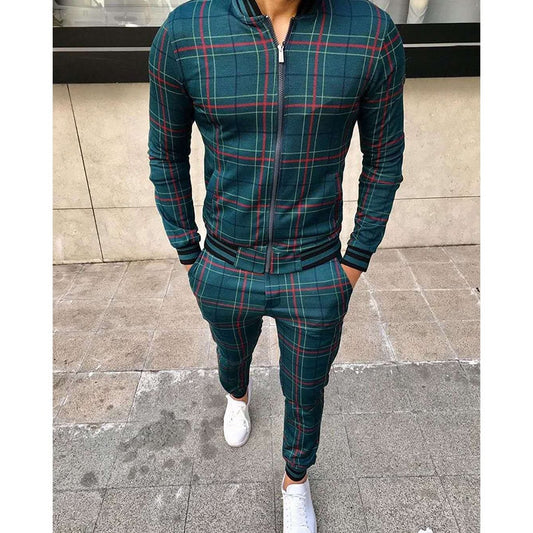 Leisure Men Grid Two-piece Patchwork Zipper Tracksuits