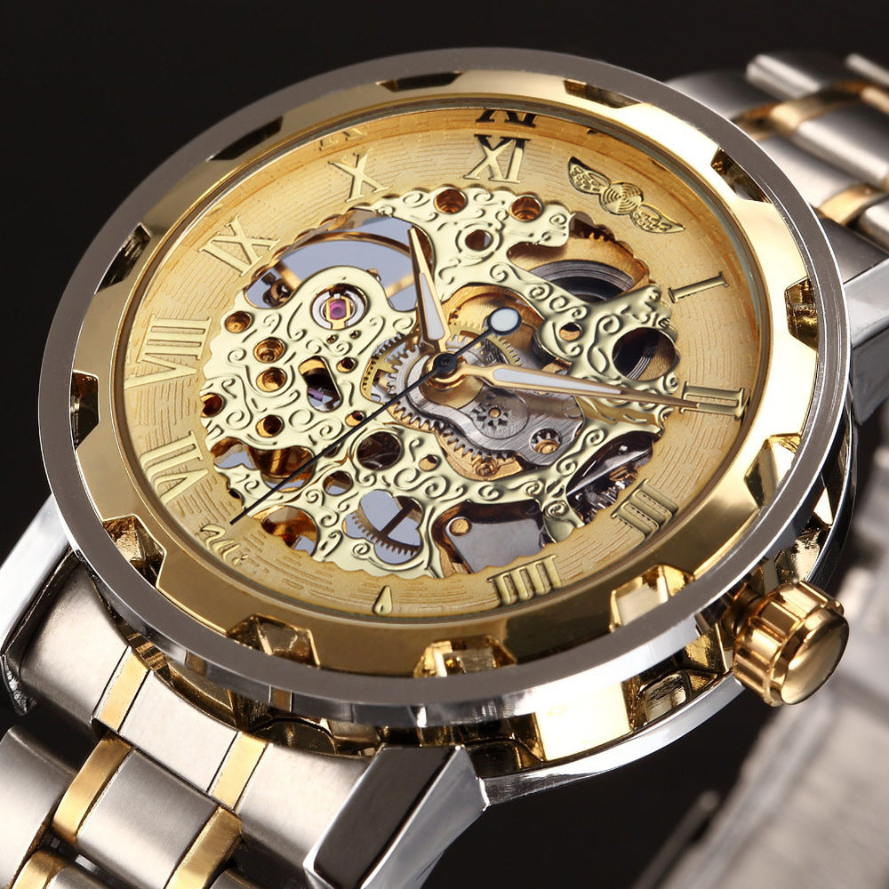 The winner men's fashion business casual space engraved gold watchband manual mechanical watches