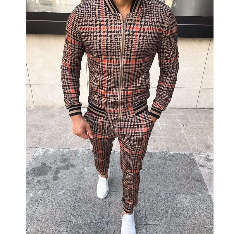 Leisure Men Grid Two-piece Patchwork Zipper Tracksuits