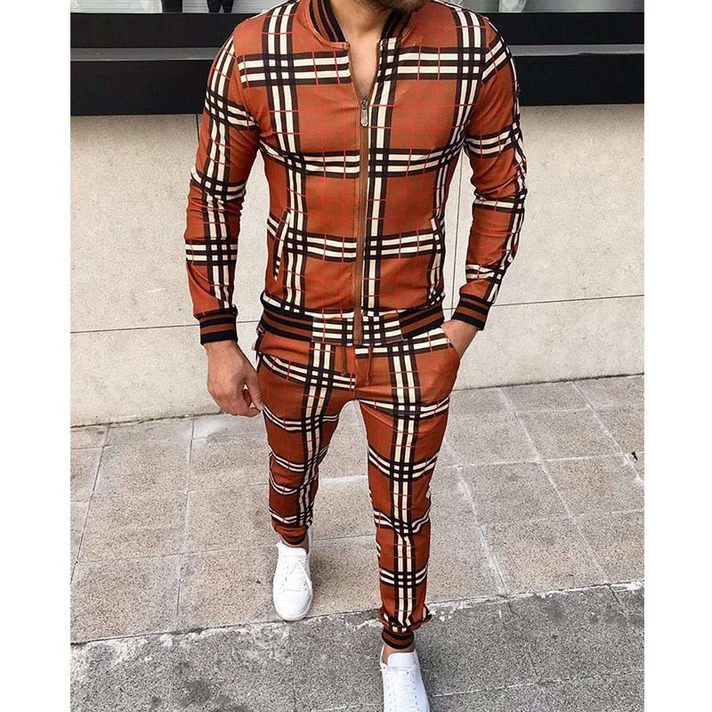 Leisure Men Grid Two-piece Patchwork Zipper Tracksuits