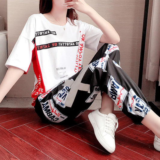 Sports And Leisure Short Sleeve Two-piece Set