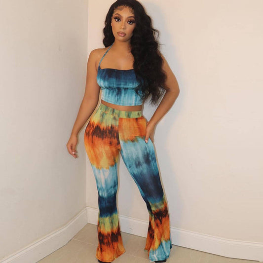 High Waist Wide Leg Pants Printed Two-piece Women